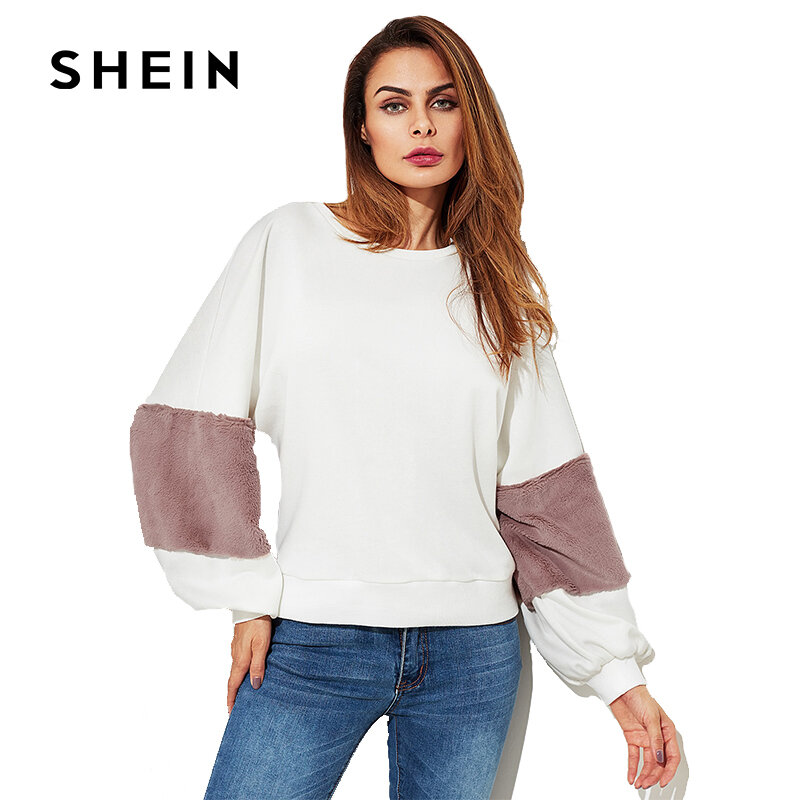 SHEIN Fuzzy Fabric Detail Exaggerate Sleeve Pullover, 2017 New Autumn Fashion Woman's Casual Sweatshirt, Round Neck Clothing