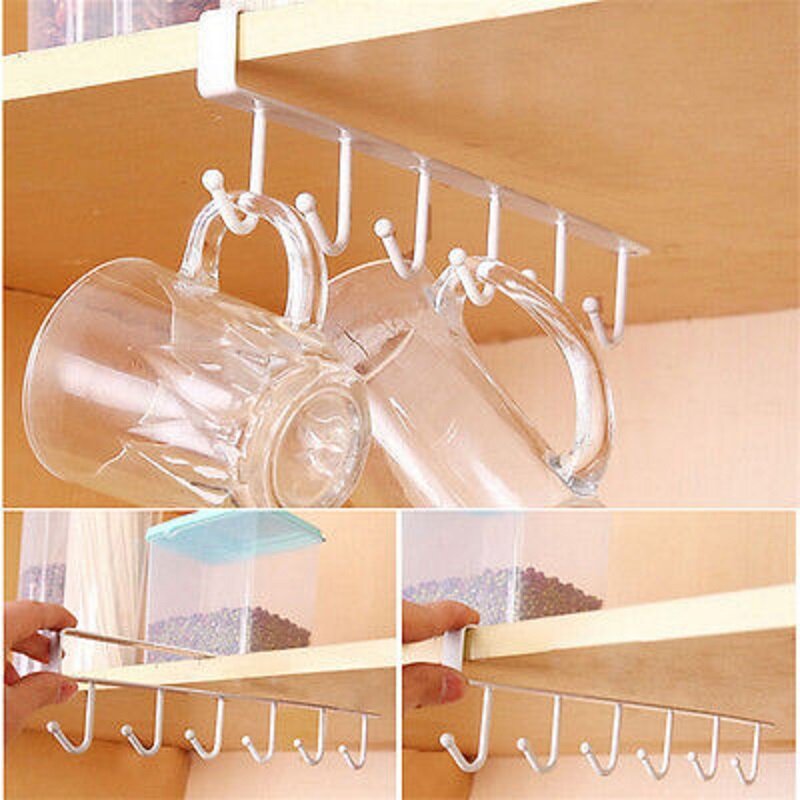 Prateleira de armário de cozinha, suporte de 6 ganchos de copo, utensílio de cozinha, organizador de armário, roupeiro, quarto