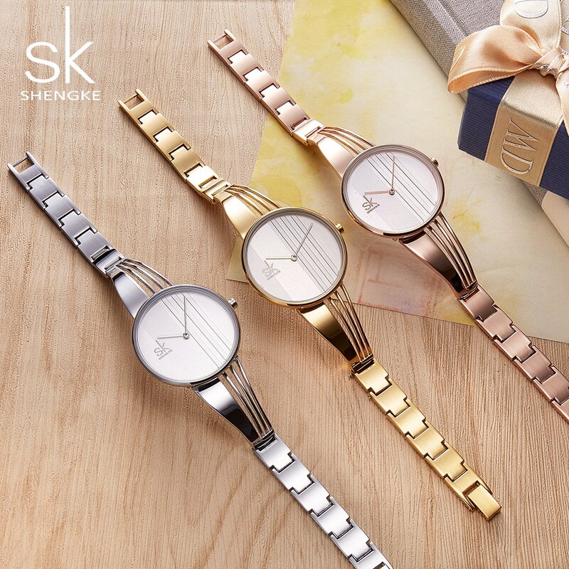 Shengke-Relógio de pulso de quartzo banhado a ouro para mulheres, relógios femininos, pulseira de luxo, moda feminina