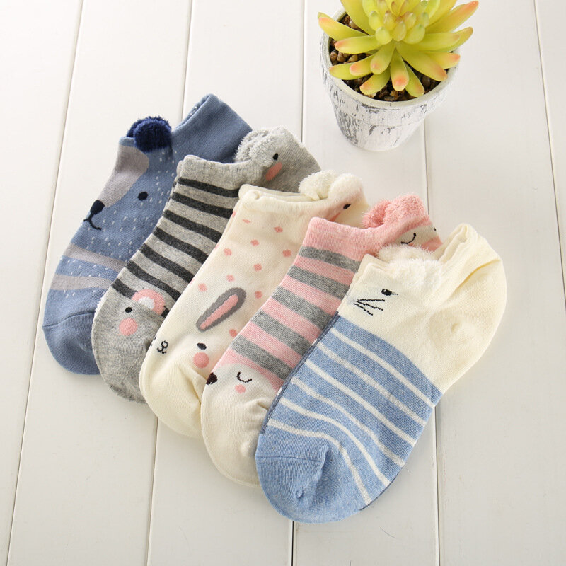 New Spring And Summer Ladies Cotton Boat Socks Pink Cute Cat Socks Casual Animal Plush Women Socks