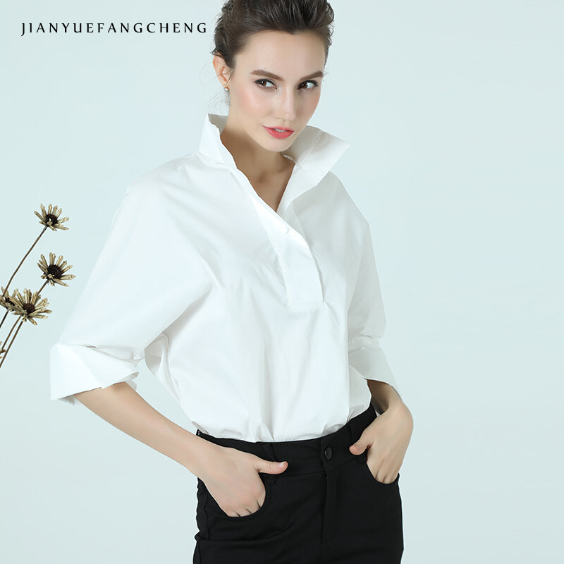 Женская хлопковая блузка, белая рубашка-поло с воротником-стойкой, рукавом девять четвертей, размера плюс, элегантная офисная деловая рубашка