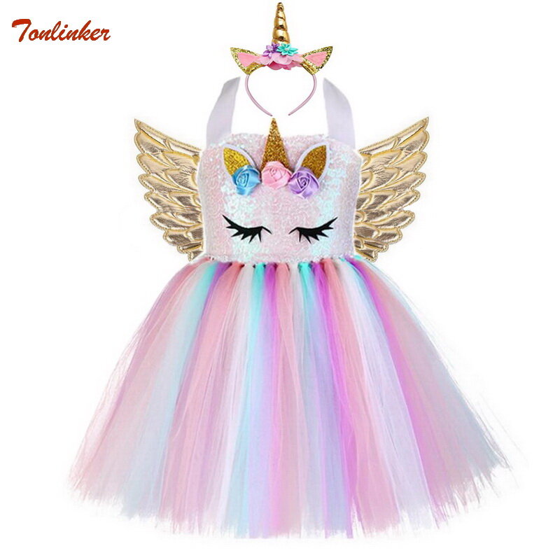 Kostum Unicorn anak perempuan, Gaun Tutu pelangi payet lampu LED, kostum Cosplay putri berkilau Halloween