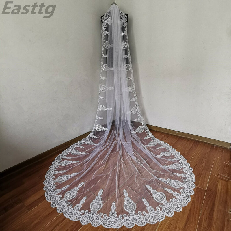 Real picture White Ivory 3.5m cathedral Long Wedding Veil Sparkling Crystal Bridal Veil Lace Wedding Accessories Metal Comb