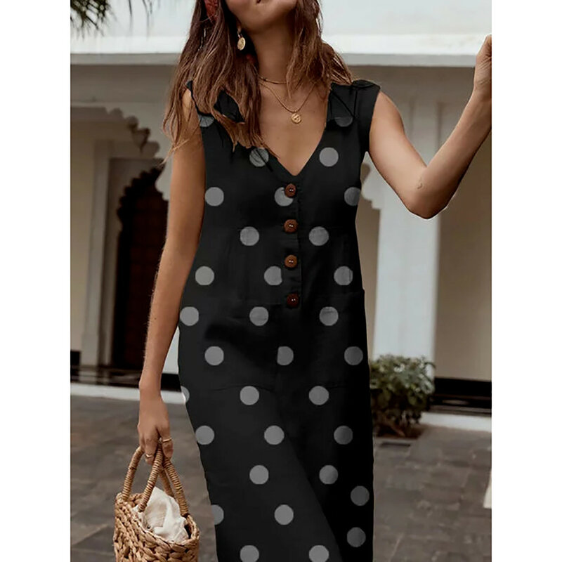 Women's Elegant Polka-Dot Boho Mid-Calf Dress Turn-down V-neck Dress Button Pocket Summer Dress 2019 Dress #0516