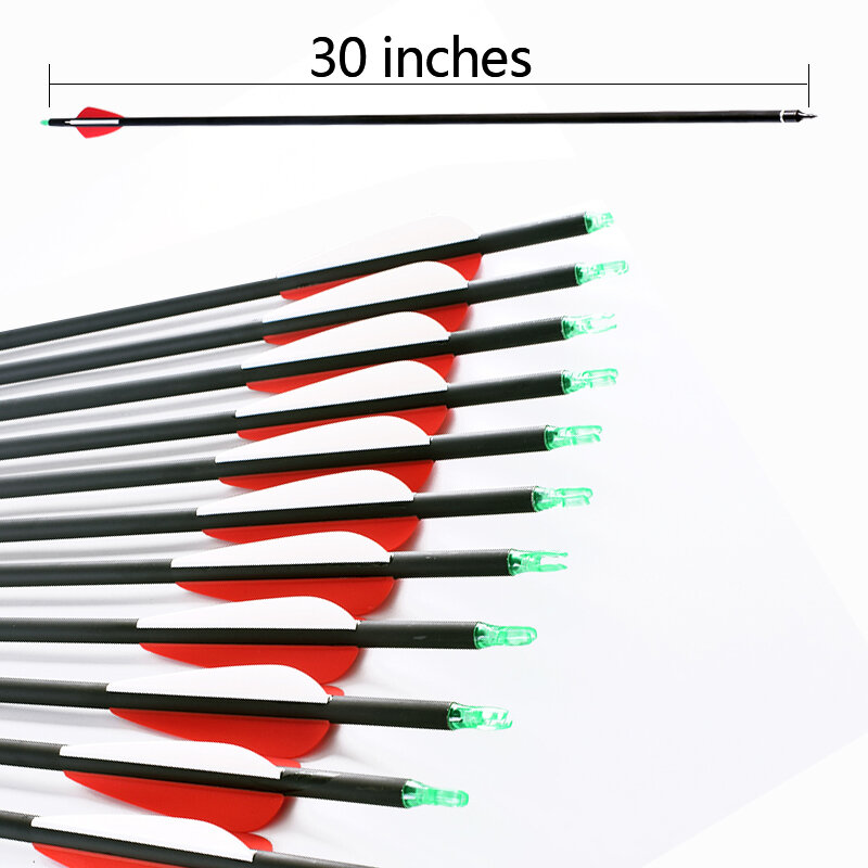 12 pezzi freccia in carbonio di alta qualità 30 pollici Spine 400 piume rosse e bianche per tiro con l'arco composito sport all'aria aperta
