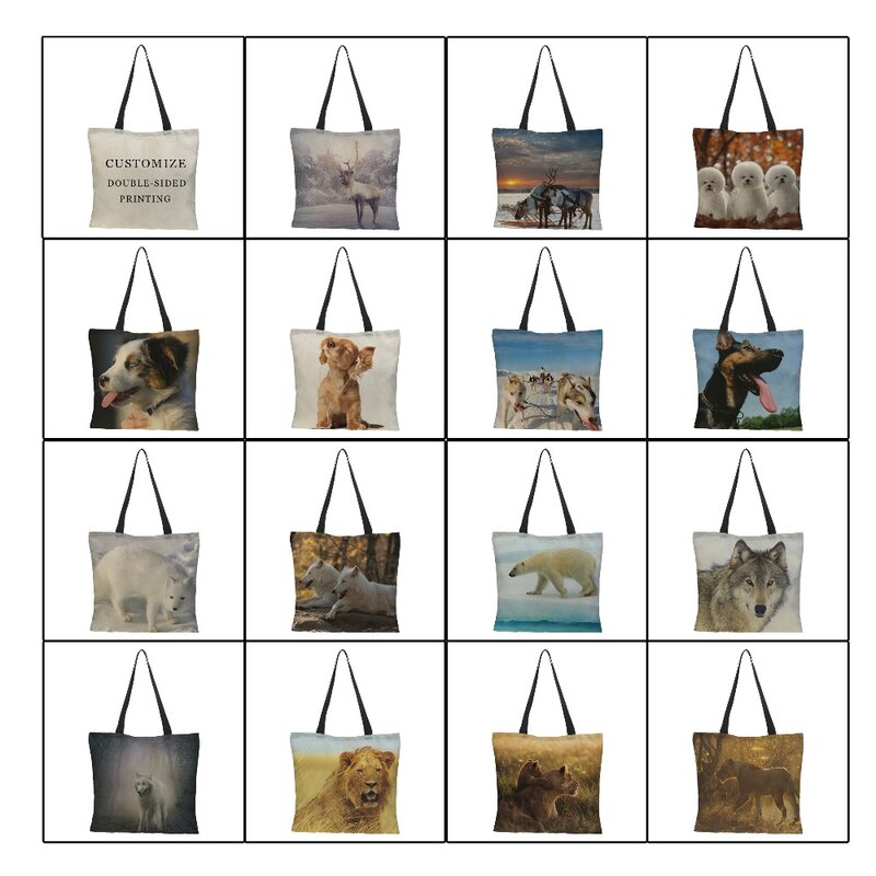 RAVIDINO doube side animal print bag Large Capacity Foldable Grocery Bag Reusable High Grade Linen Supermarket Shopping Bag