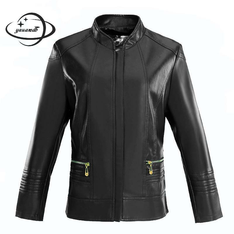 Plus Size L-6xl Women Faux Leather Jacket Spring Autumn Pu Female Coat Clothing Stand Collar Ladies Motorcycle Outerwear Ly50