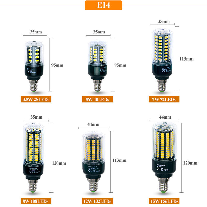 5736 smd led電球,5730明るい,トウモロコシの穂軸ランプ,3.5w,5w,7w,8w,12w,15w,e27,e14,85v-265v,ちらつきなし,冷/温白