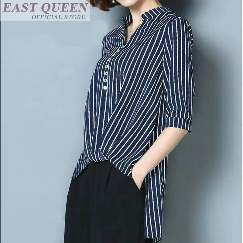 Summer women blouses long sleeve stand collar striped elegant office work tops female fashion asymmetrical shirts DD617 L