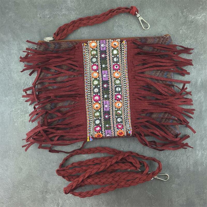 Rote Handtaschen Frauen Schulter Fransen Umhängetasche Quaste Boho Taschen Sattel Hippie Zigeuner Vintage Bohemian Tasche