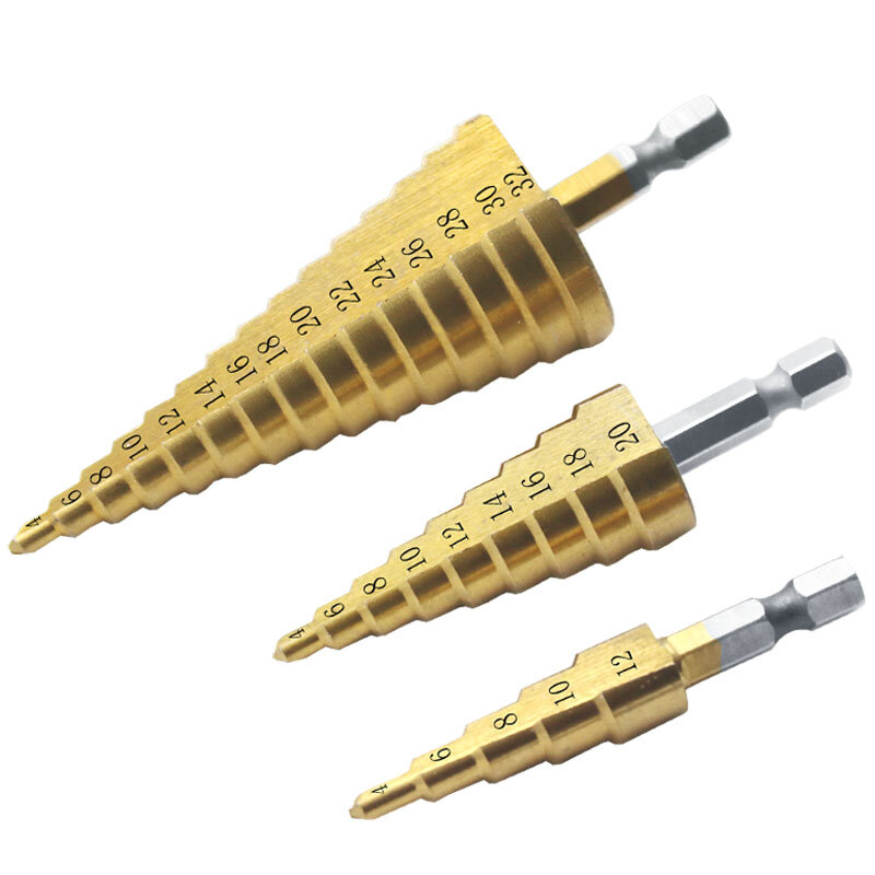 Conjunto de ferramentas brocas revestidas de titânio, flauta espiral métrica, aço HSS step, cone 4241, cortador de furos, 4-12mm, 4-20mm, 4-32mm