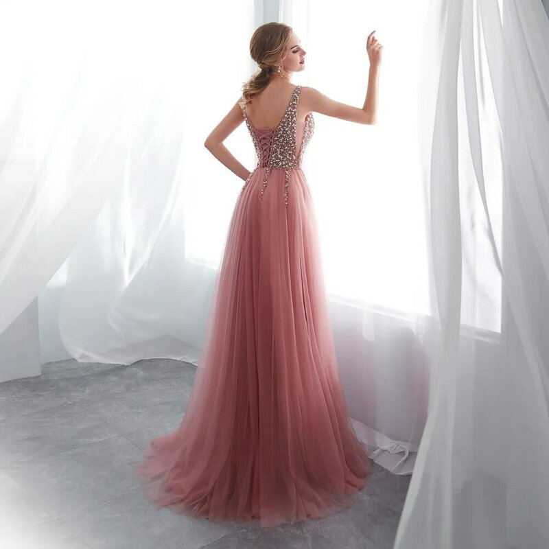 Gaun Prom Manik-manik 2023 Gaun Malam Tanpa Lengan Motif Tulle Belahan Tinggi Merah Muda Ukuran Plus Gaun Malam Punggung Terbuka Berenda A-line Vestido De