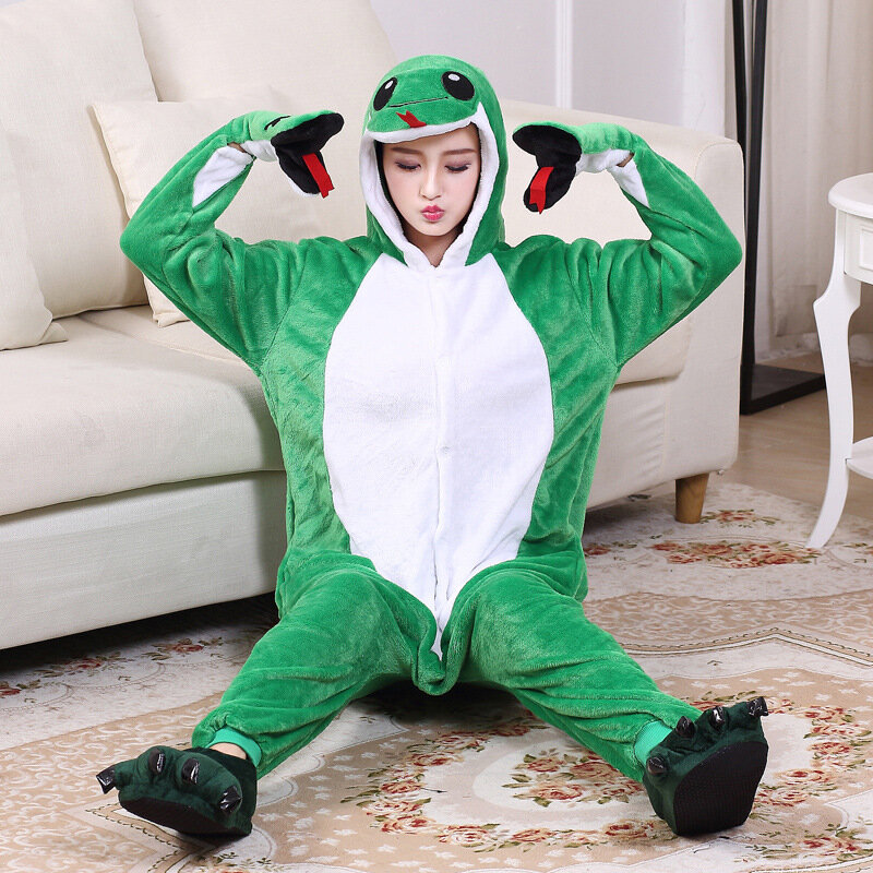 Kigurumis-Pijama de franela con capucha para mujer y niña, traje de dormir cálido de invierno con estampado de serpiente verde, con cremallera, para fiesta