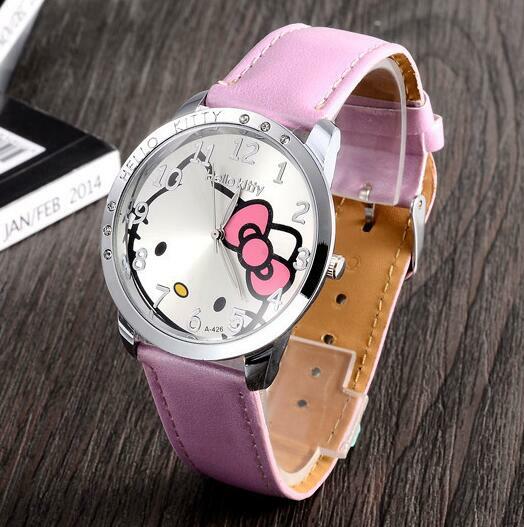 Reloj de cuarzo Hello Kitty de marca de moda de dibujos animados reloj de pulsera de cristal de cuero para niñas