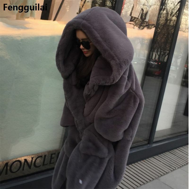 Inverno quente com capuz tamanho grande comprimento médio cor sólida pele & pele do falso novo casual manga longa casaco de pele feminina
