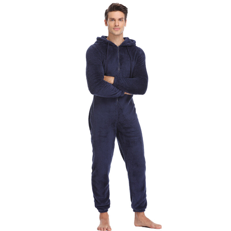 Mannen Pluche Teddy Fleece Pyjama Winter Warme Pyjama Jumpsuit Plus Size Nachtkleding Kigurumi Capuchon Pyjama Sets Voor Volwassen Mannen