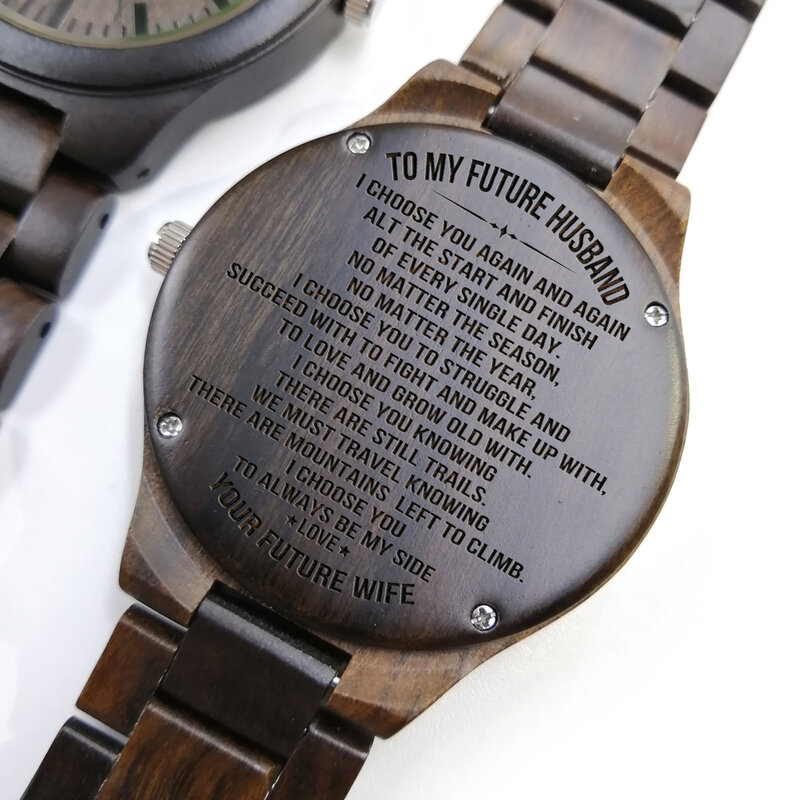 A mi prometido-grabado de grabado reloj de madera estar juntos Me da vida mejores vistas Japón automática relojes de cuarzo muñeca de madera reloj de los hombres