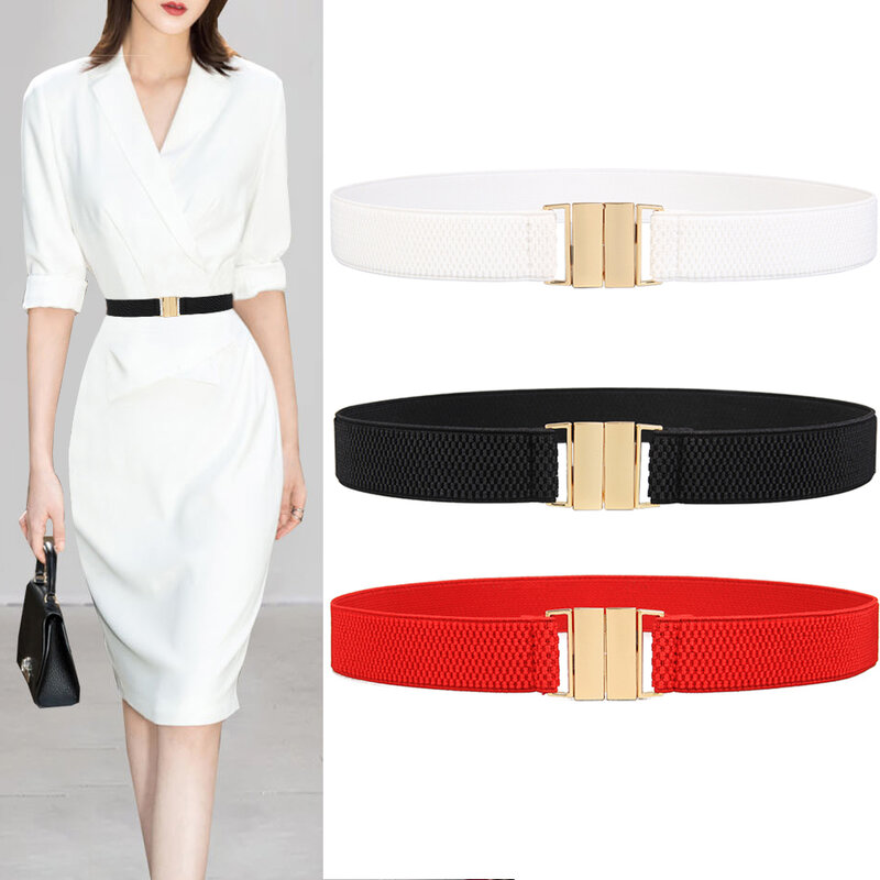 Faja ancha para mujer, cinturón elástico de color rojo, liso, informal, con hebilla dorada, para vestido de boda