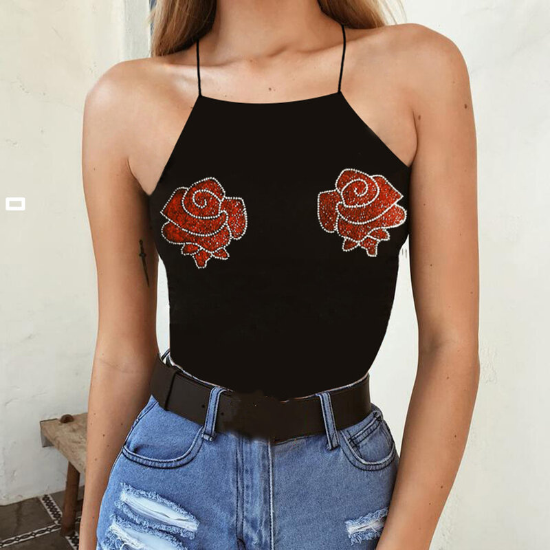 Summer Women Jumpsuit Flower Bodysuit Sleeveless Sexy Bodycon Party Club Strap Slim Female Backless Cross Black Playsuit Rompers