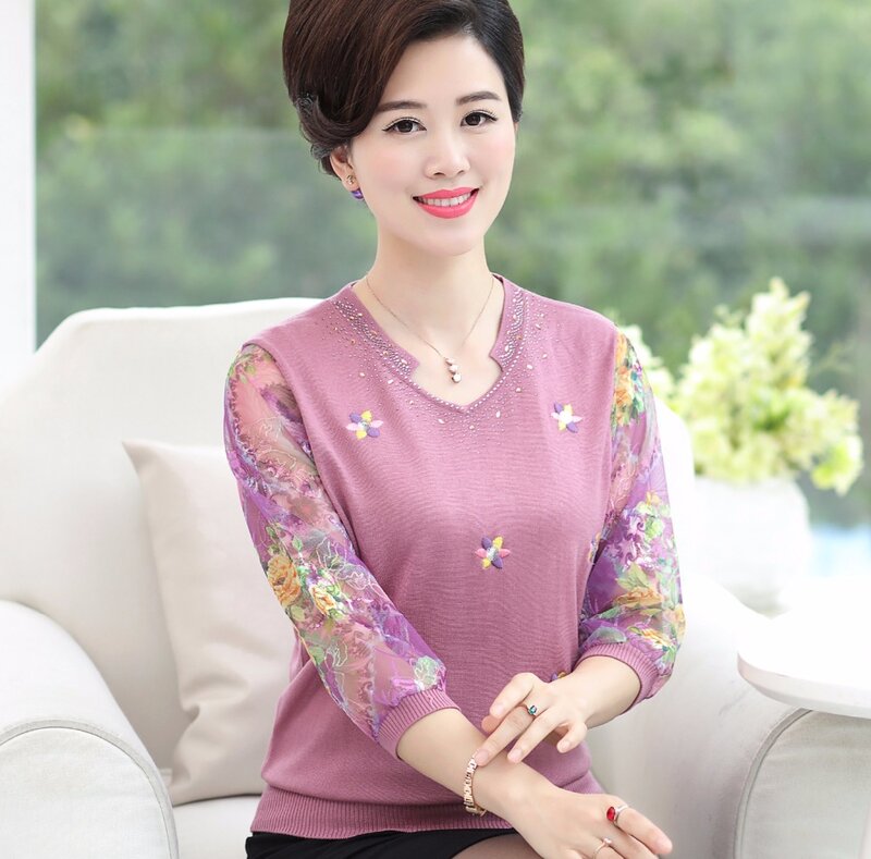 Blusa feminina floral manga renda elegante, camisa feminina bordada manga primavera verão