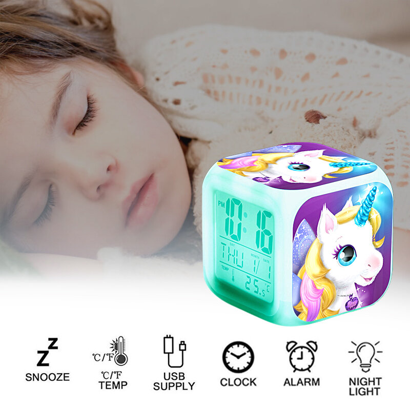Despertador de unicórnio led relógio digital de 7 cores mudando luz noturna brilhante relógio de mesa infantil presente para crianças