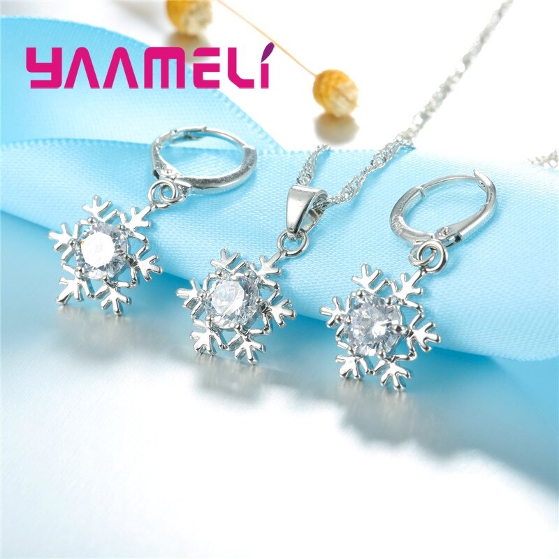 Qualified Snowflake Women 925 Sterling Silver Jewelry Set Zircon CZ Crystal Pendant Necklace Earrings Party Gift