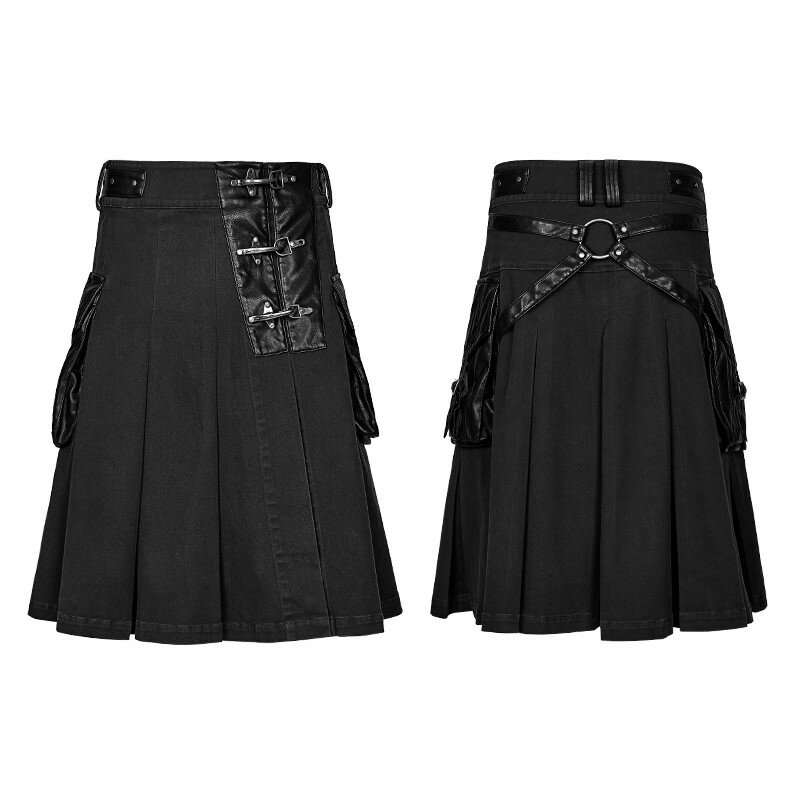 Punk PU, lavado para hombres, media falda de cuero, cinturón negro, falda informal con tapete, algodón gótico, faldas medias