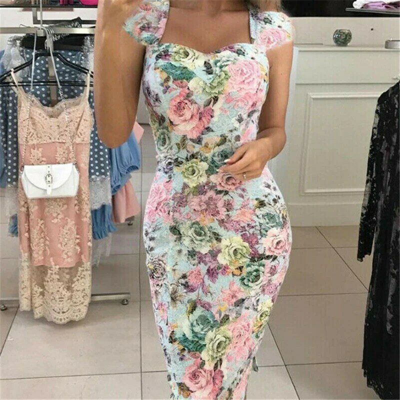 Nowa damska seksowna sukienka z głębokim dekoltem w kształcie litery V kwiatowa dopasowana do ciała sukienka z wysokim stanem kobieca bandażowa letnia sukienka klubowa