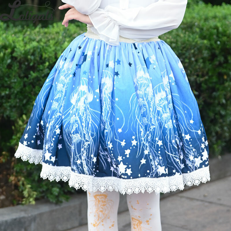 Jupe courte imprimée méduse douce pour femme, jupe patineuse Mori Girl, ligne A, taille élastique