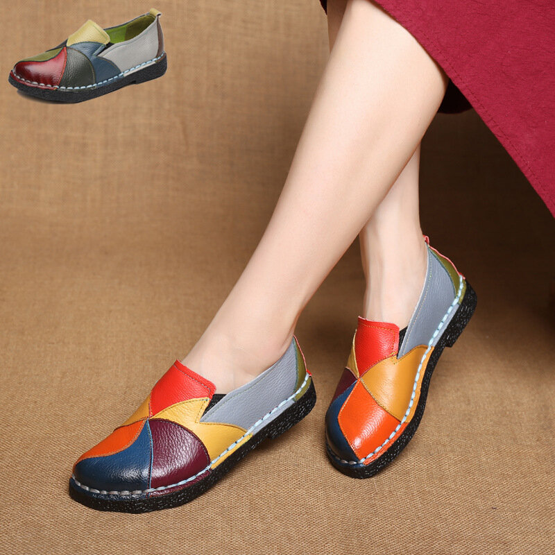 WOIZGIC Women's Ladies Female Woman Mother Shoes Flats Genuine Leather Loafers Moccasins Mixed Colorful Non Slip On Plus Size 42