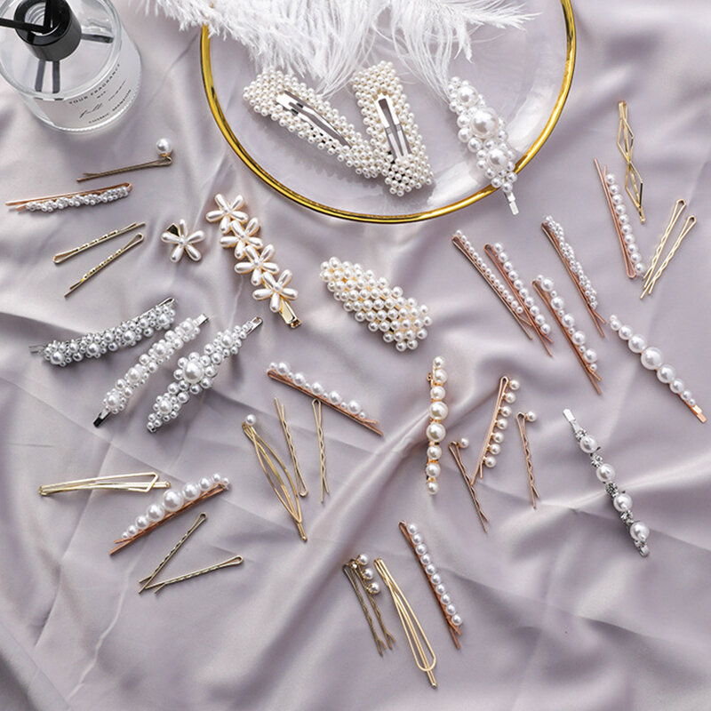 2019 New Korean Fashion Retro Full Pearl Hairpin Alloy Flower Zircon Round Square Beads Geometric Hairclips for Women Wedding