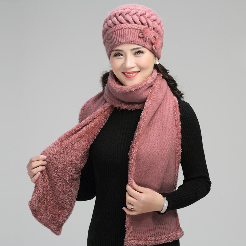 Inverno feminino lã malha boné meia-idade feminino elegante cachecol macio mãe presente de natal quente confortável moda chapéu h7164
