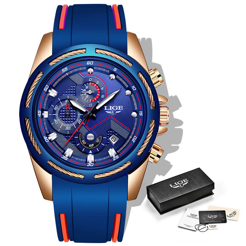 LIGE-Montre-bracelet à quartz étanche pour homme, chronographe de sport, bracelet en silicone bleu, marque supérieure, luxe, nouveau