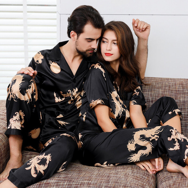 Шелковая атласная пижама для пар, пижамный комплект с длинным рукавом, одежда для сна, Пижама, Пижамный костюм, женский и мужской комплект для сна из 2 предметов, домашняя одежда
