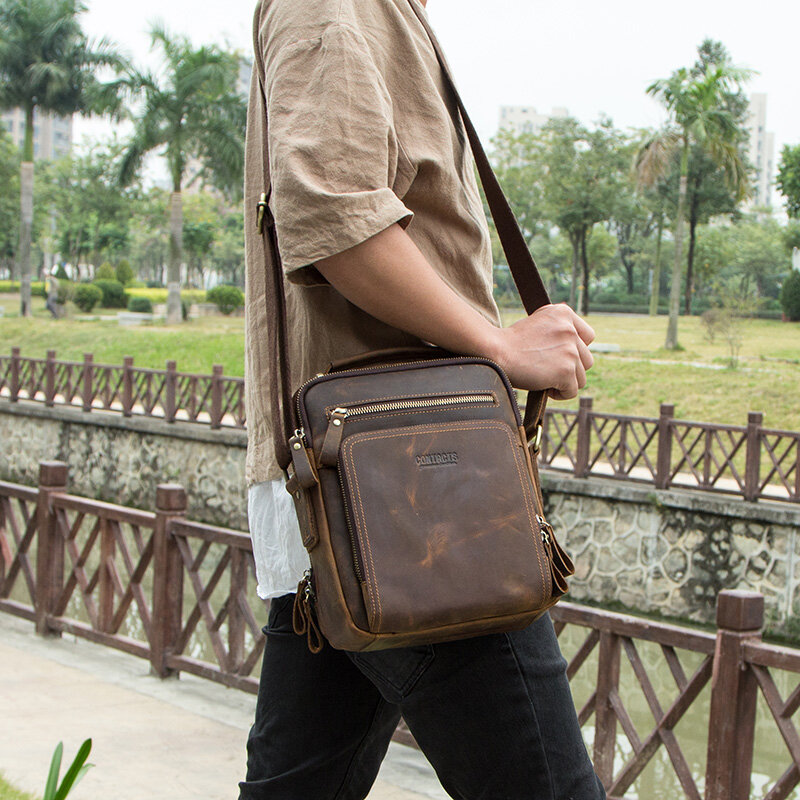 CONTACT'S Кожаная мужская сумка винтажная сумка на плечо для 9.7-дюймового iPad сумки на молнии для мужчин высокое качество 2019