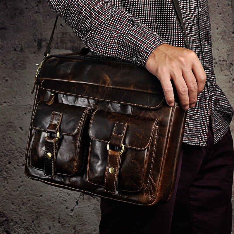 Męskie skórzane antyczne podróżne walizka biznesowa 13 "etui na laptopa Attache torba na dokumenty jedna torba na ramię kurierska B207-c