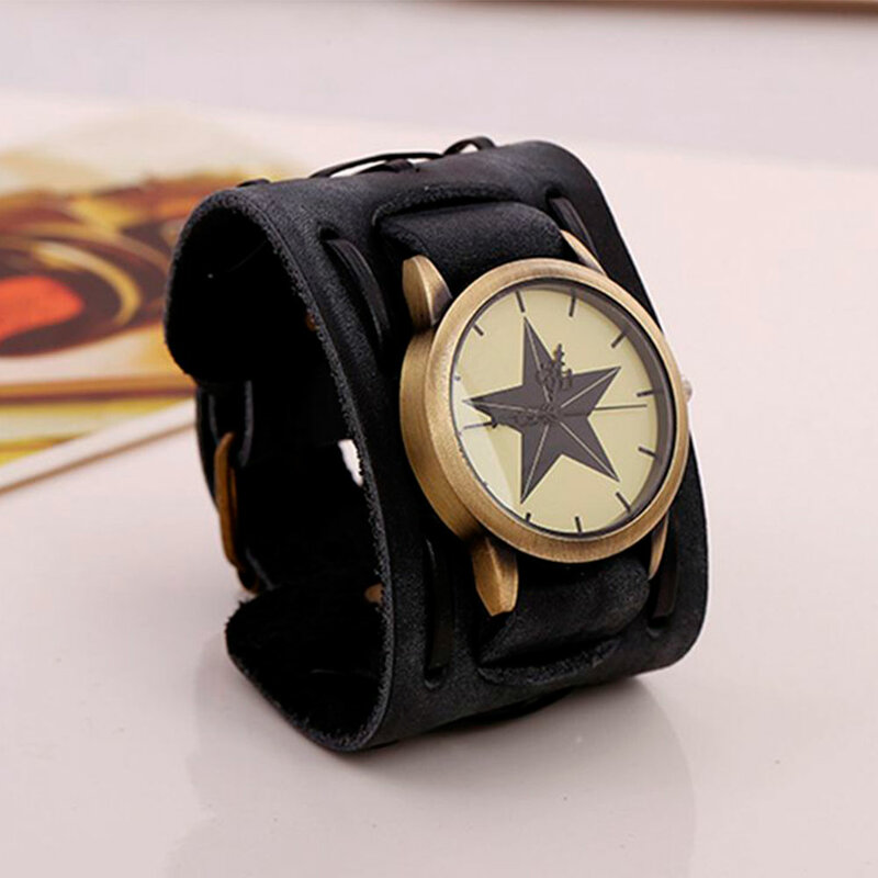 Reloj de pulsera de cuero de vaca ancho Retro para hombres, relojes de pulsera Vintage, reloj de cuarzo de estrella grande informal, envío directo