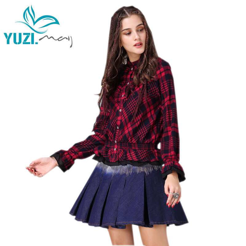 Yuzi-Blusa bohemia de algodón con cuello alto para mujer, camisa de retales con dobladillo con volantes, B9250, 2018