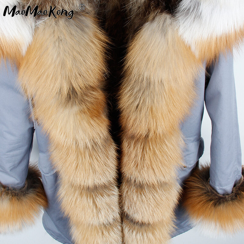 MaoMaoKong-진품 모피 롱 파카 코트 자켓 여성용, 자연 토끼털 칼라, 두껍고 따뜻한 모피 라이너 파카, 겉옷