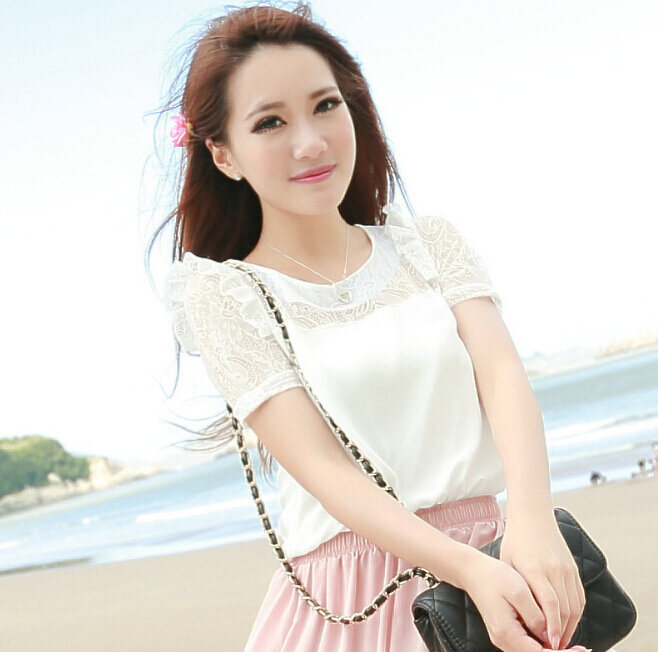 White Shirt Women Clothing Short Sleeve O neck Chiffon lace blouse Shirt Korean Casual Shirt Fashion  Sloid color Top