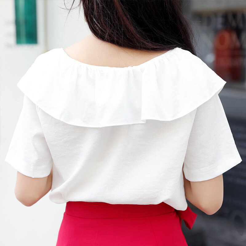 Camisa de gasa blanca para mujer, blusa elegante de manga corta con volantes para chica, blusa informal holgada con temperamento, Top H9176