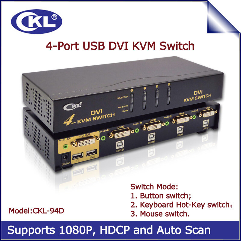 4 Port USB DVI KVM Switch Keyboard Mouse PC Monitor Switcher with Audio and Auto Scan Support 1920*1200 DDC2B Metal CKL-94D