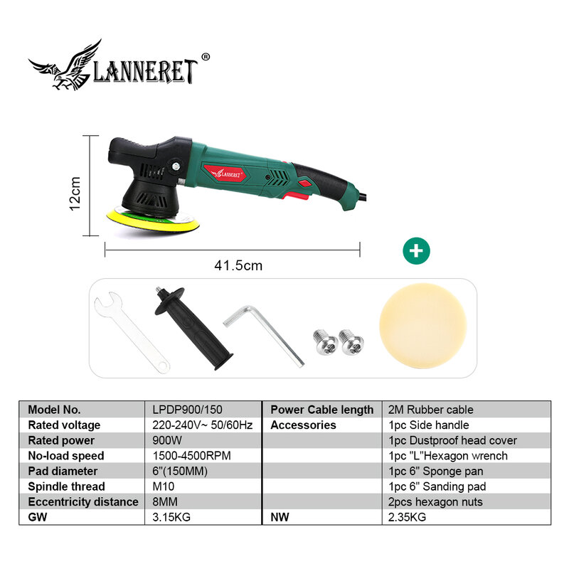 LANNERET 6'' Dual Action Polisher 150mm 900W Variable Speed Electric Polisher Shock and Polishing Machine Cleaner Polishing Pad