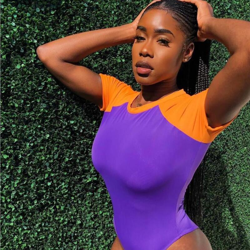 BKLD 2020 New Sexy body kobieta z krótkim rękawem letnie panie body na ramiączkach ubrania Bodycon body fioletowy i pomarańczowy Patchwork