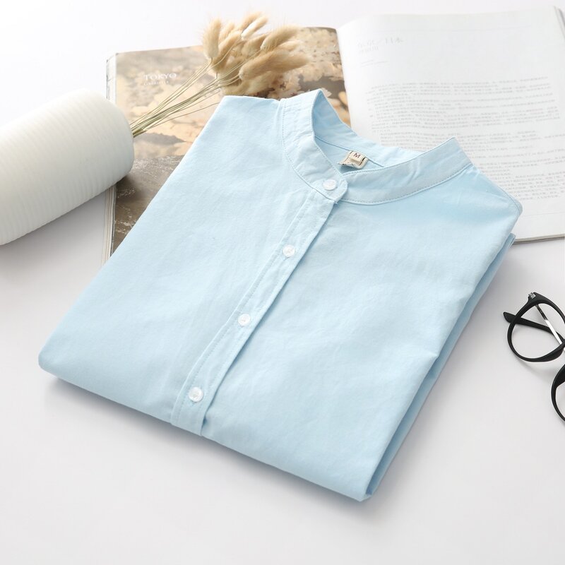 EYM-camisa informal de algodón para mujer, Blusa de manga larga con cuello levantado, Color blanco liso, estilo Simple, novedad de 2024