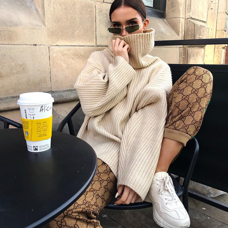 QUEVOON Autumn Winter 2019 Sweater For Women Solid Khaki Loose Knitted Turlteneck Sweaters Crochet Women's Pullover Fashion Knit