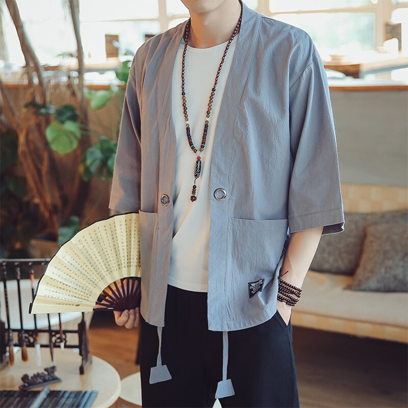 Kimono negro japonés para hombre, disfraz de Samurai, ropa de calle japonesa Yukata Haori, chaqueta, DZ2014