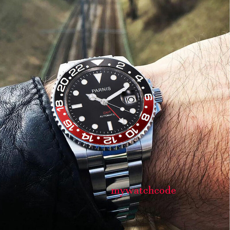 Механические часы Parnis 40 мм, черные, красные, с керамической рамкой, черный циферблат GMT, сапфировое стекло, автоматические мужские часы, мужские часы
