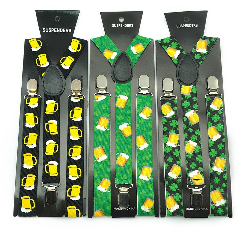 Suspender pria wanita untuk celana panjang pemegang merek desain campuran kuning cangkir bir hijau daun kawat gigi tali 3 klip elastis