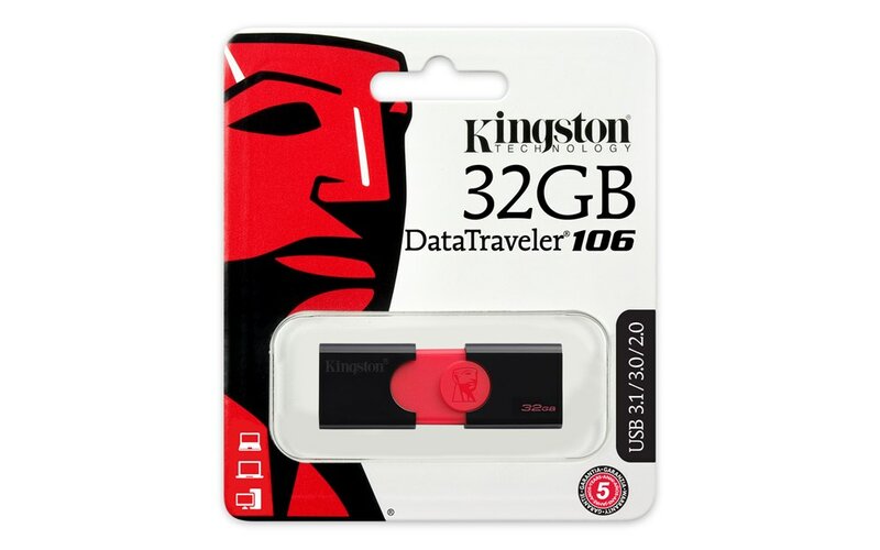 Kingston DataTraveler 106, 32 GB, 3.0 (3.1 Gen 1), USB-UM Tipo de conector, Slide, Preto, Vermelho